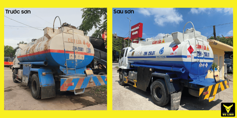 Xe chở xăng dầu FUSO sau khi sử dụng dịch vụ sơn xe xi téc