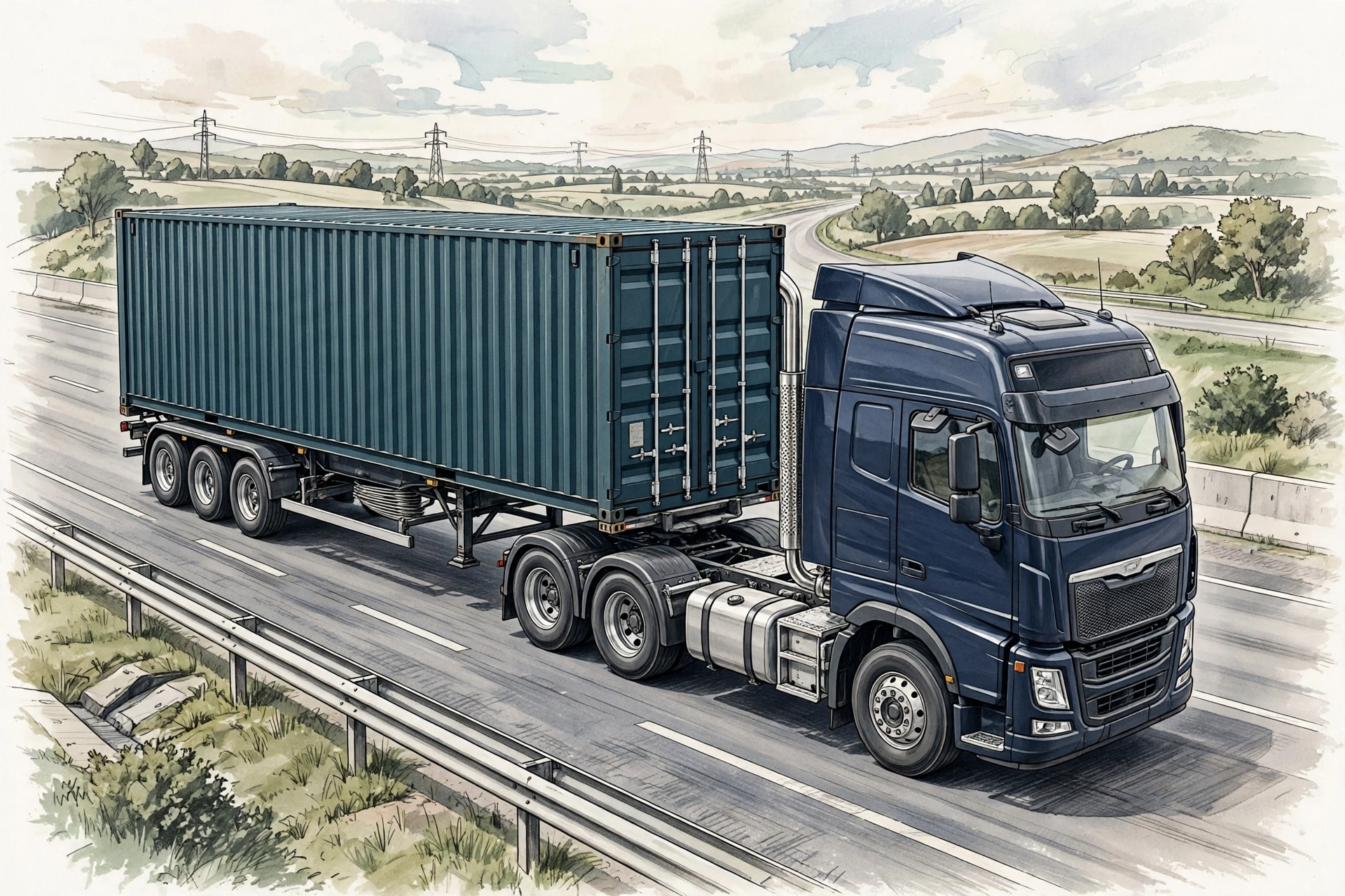 Xe đầu kéo đang kéo container trên đường cao tốc