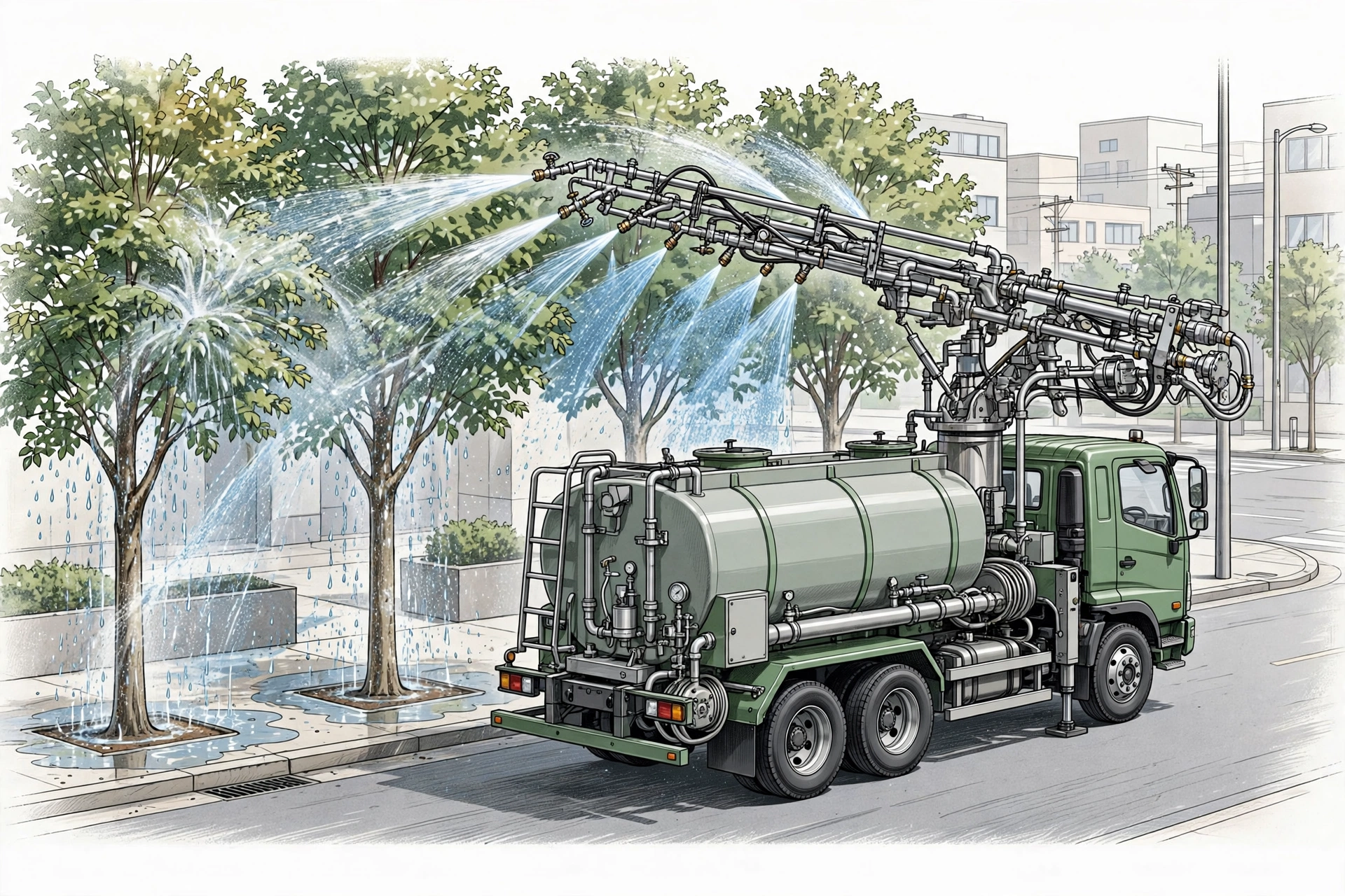 Xe tưới cây xanh đô thị đang phun tưới cây trên phố