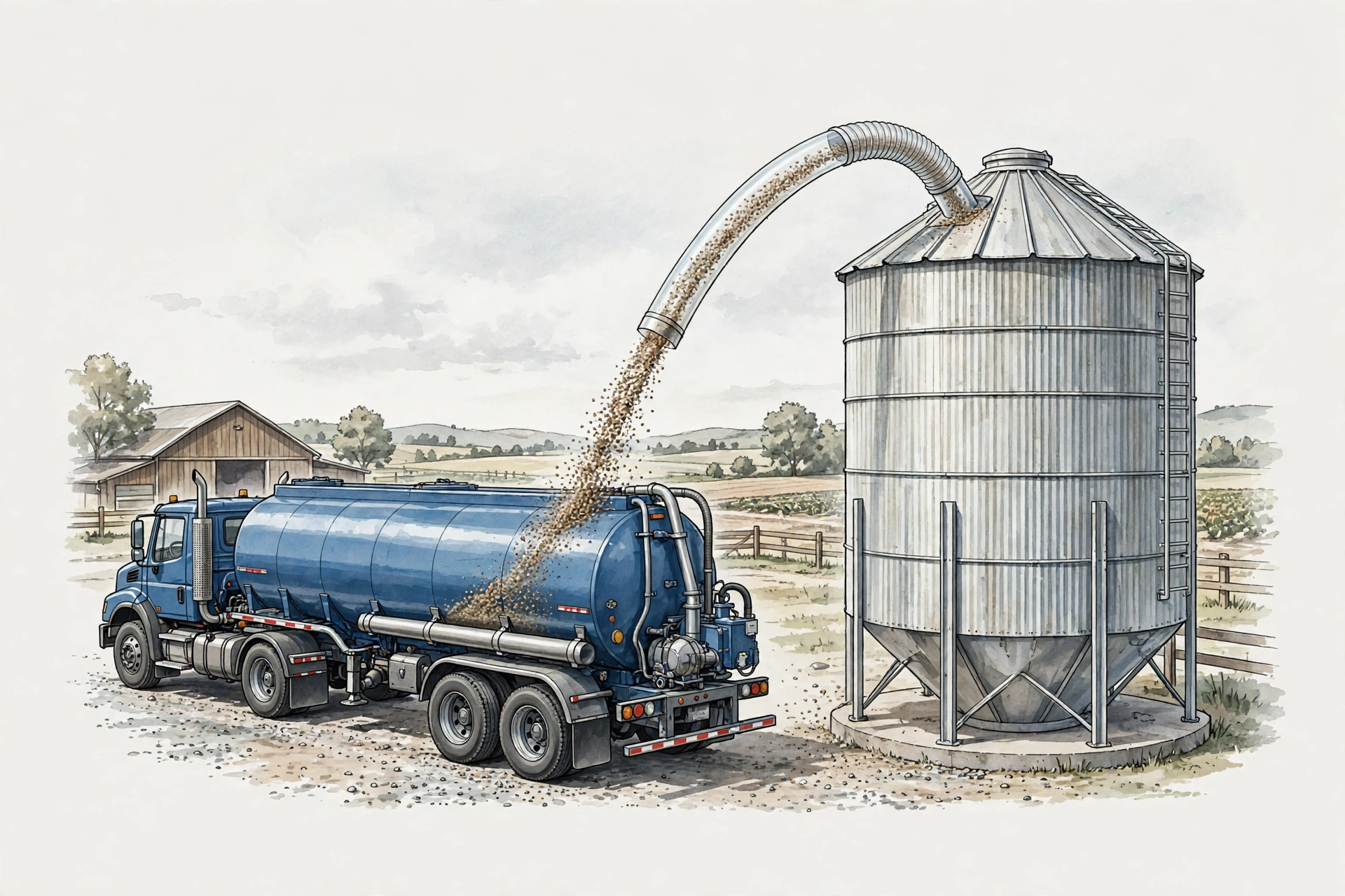 Xe bồn chở thức ăn chăn nuôi đang xả liệu vào silo trang trại