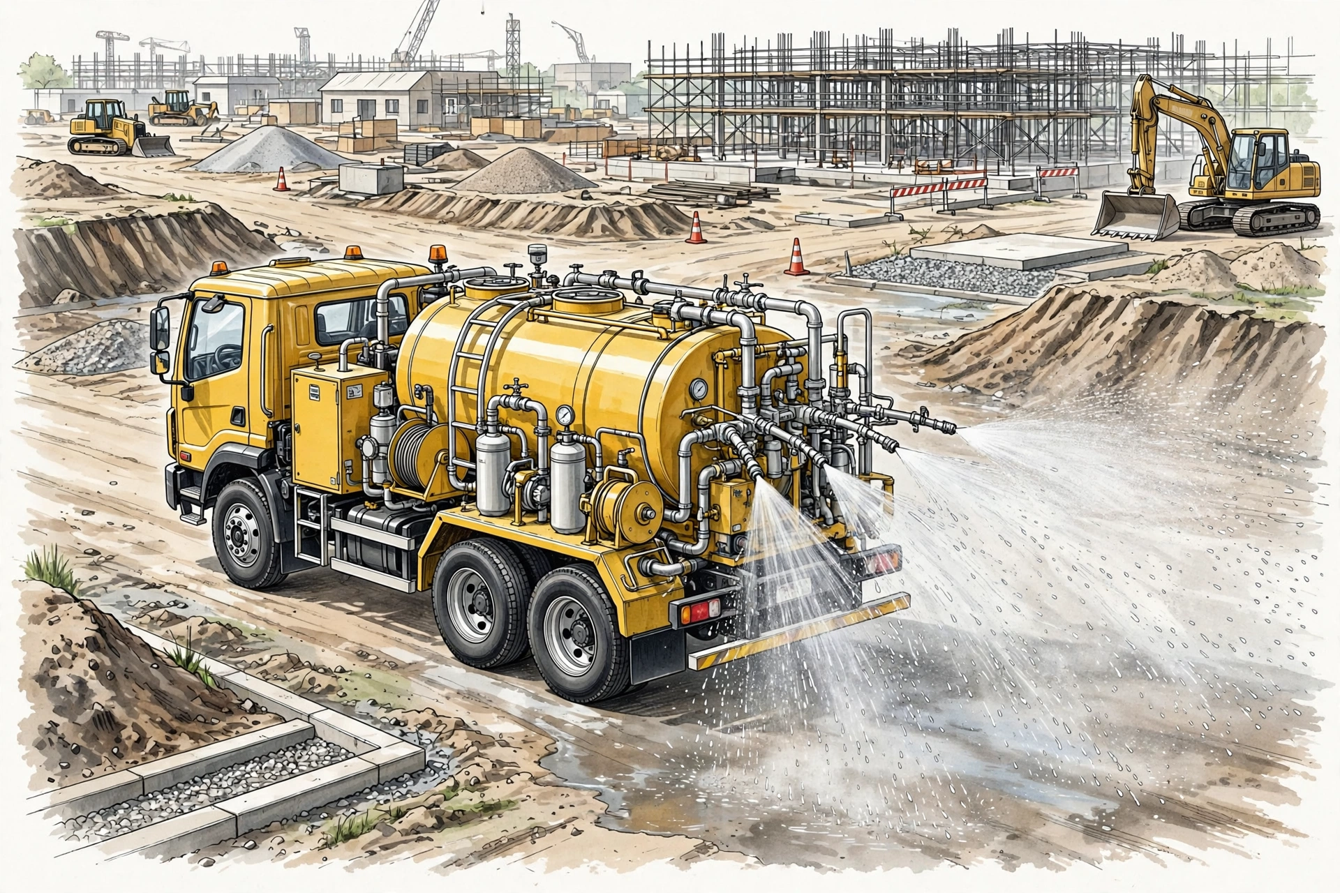 Xe phun sương dập bụi đang hoạt động tại công trường xây dựng