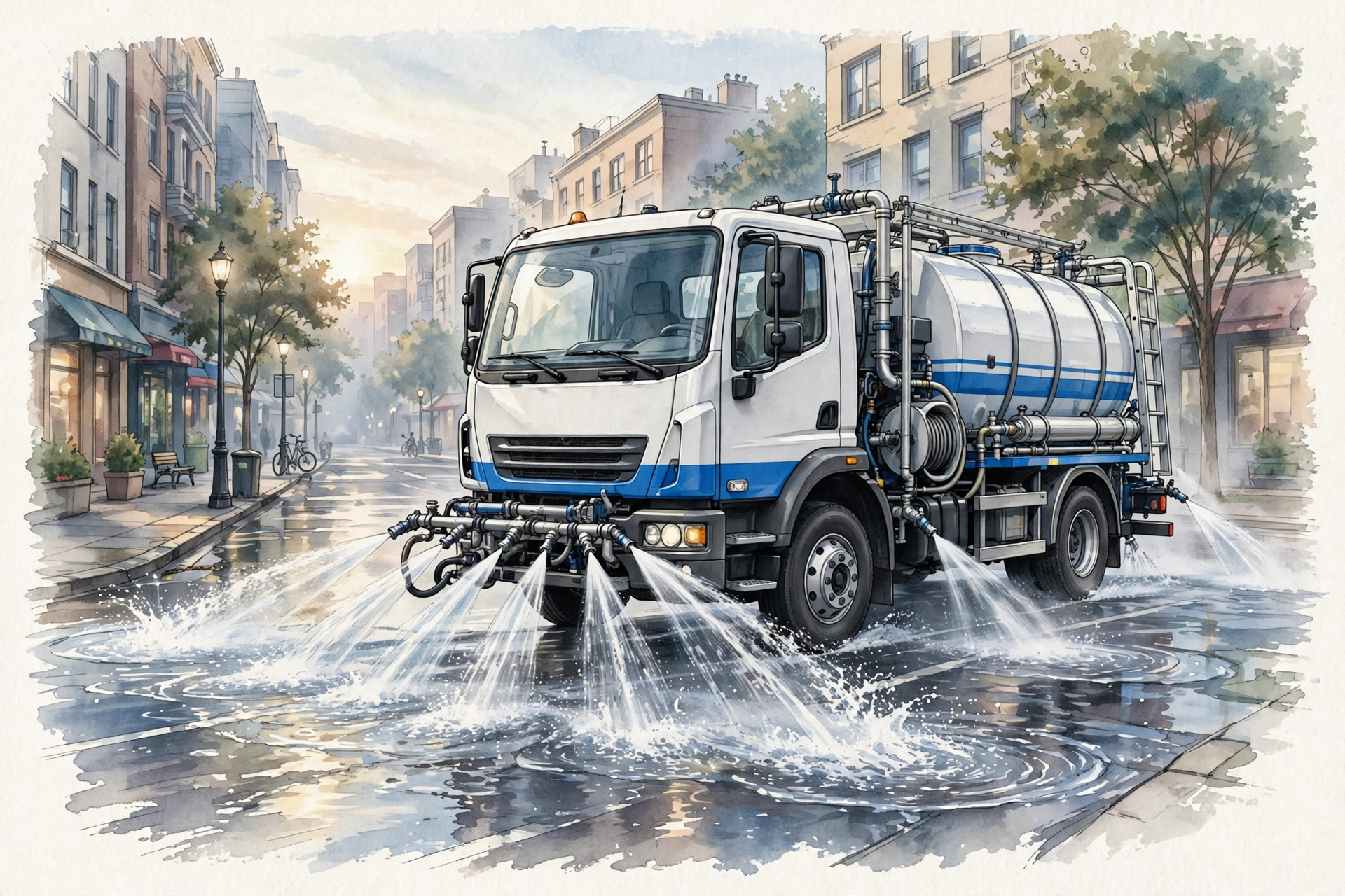 Xe phun nước rửa đường đang làm việc trên phố đô thị vào sáng sớm