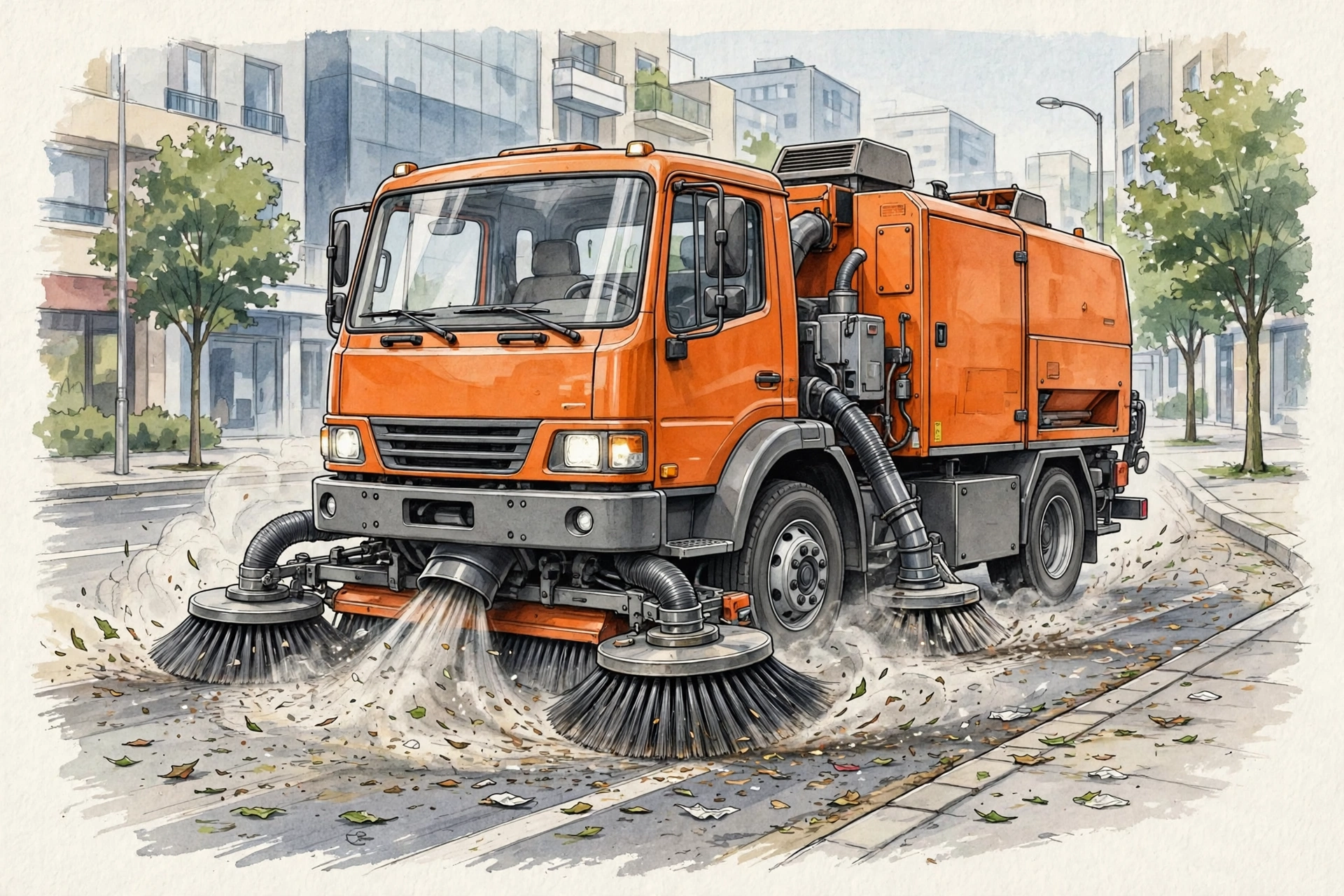 Xe quét đường hút bụi đang làm việc trên phố