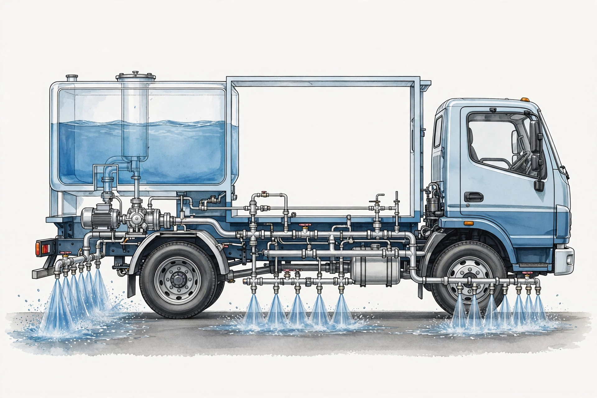 Hệ thống bơm phun áp lực và béc phun trên xe rửa đường