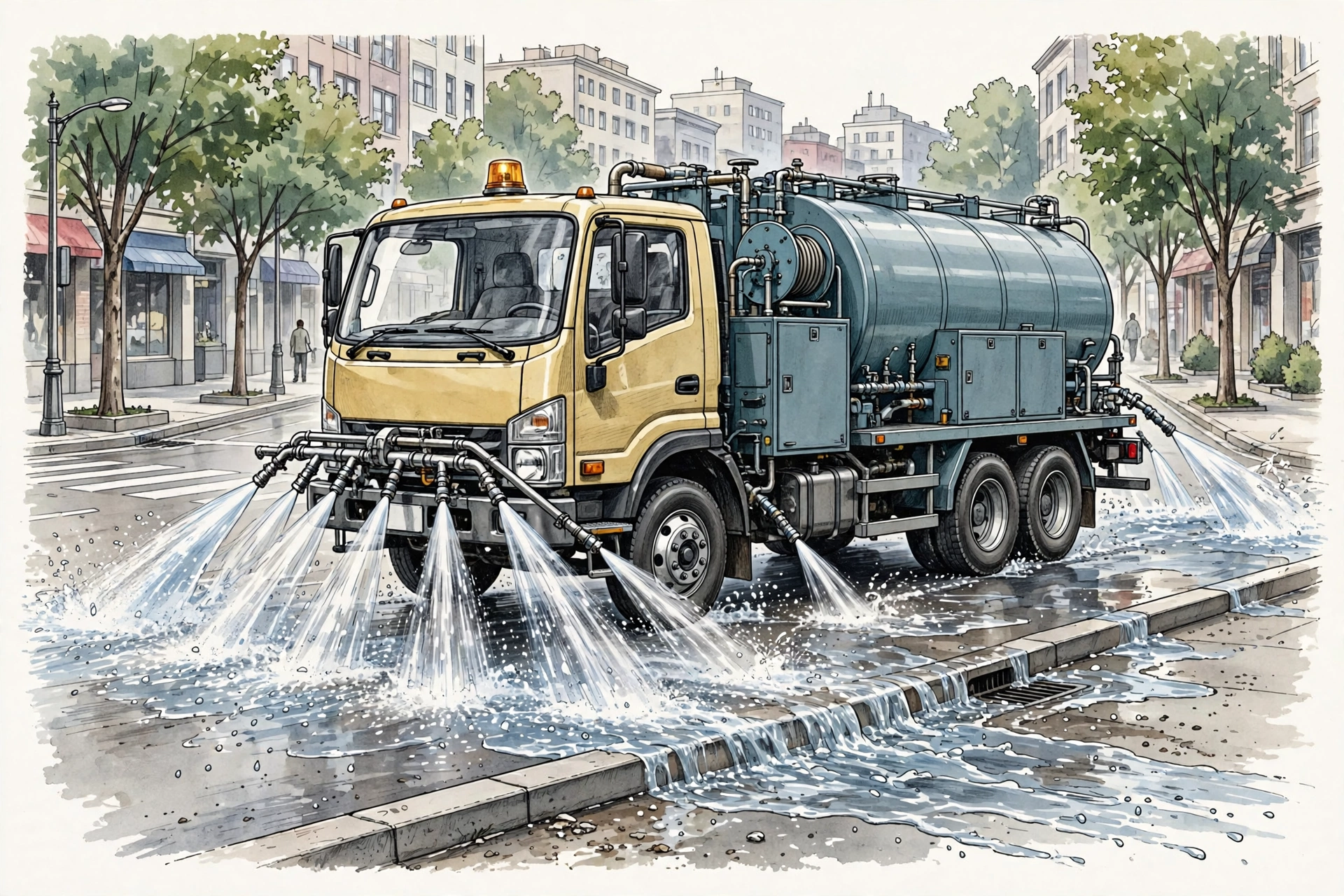 Xe phun nước rửa đường đang rửa đường đô thị