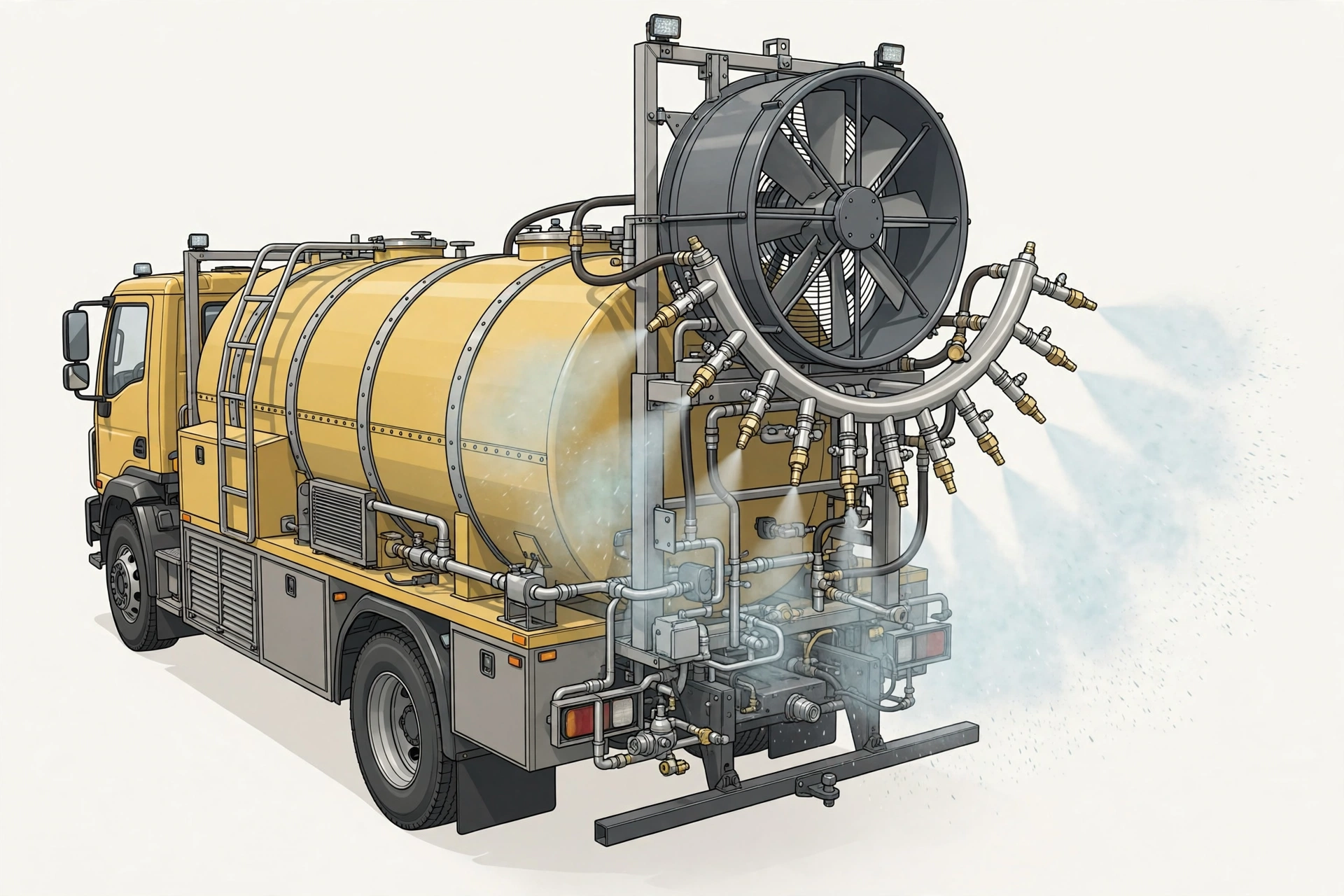 Cụm súng phun sương và quạt trên xe dập bụi