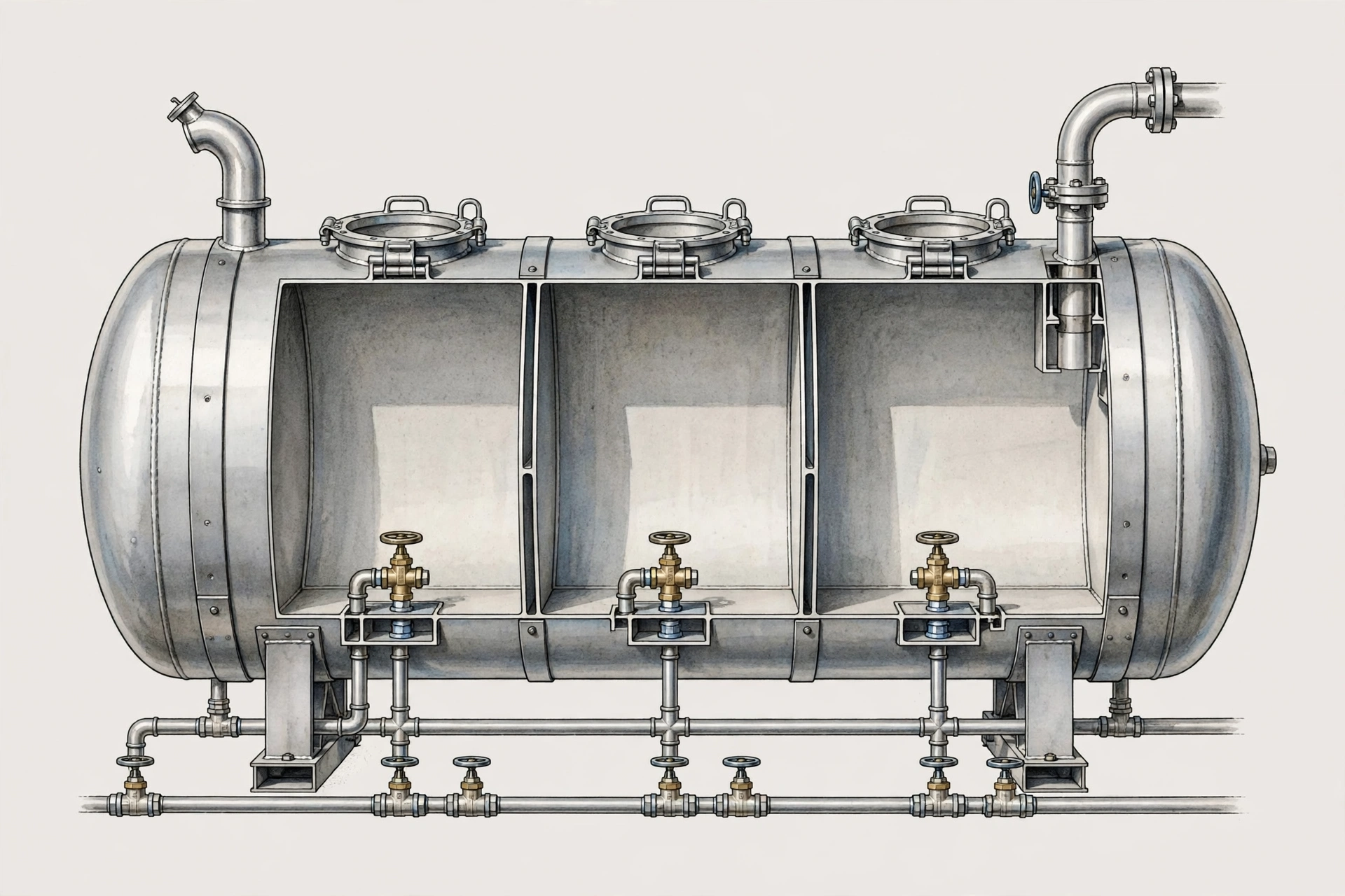 Cấu tạo bồn xăng dầu 12 khối với các ngăn và van