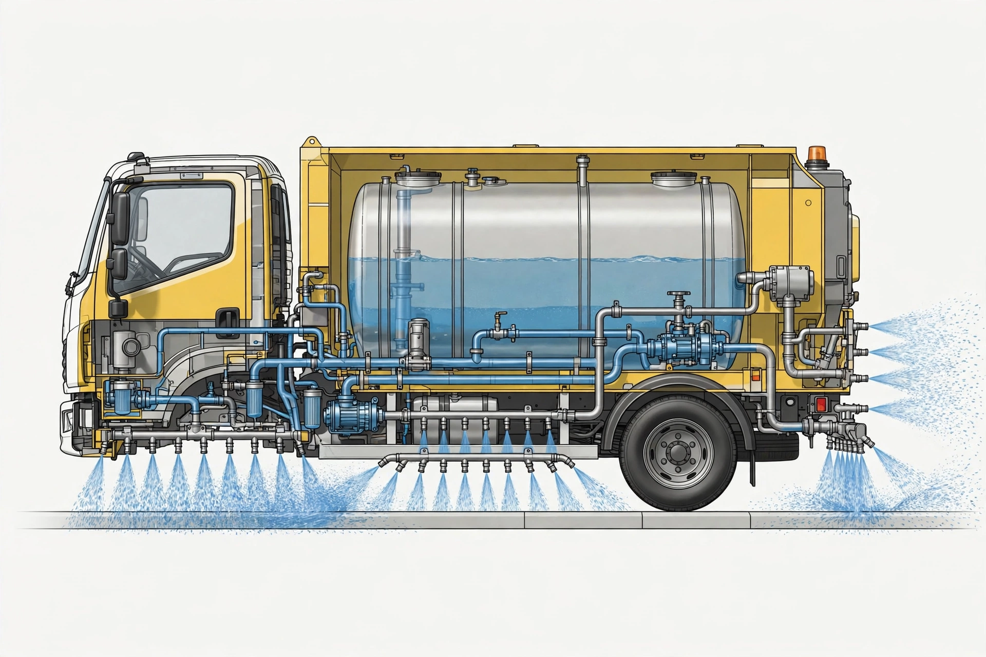 Hệ thống phun trước sau hông của xe rửa đường