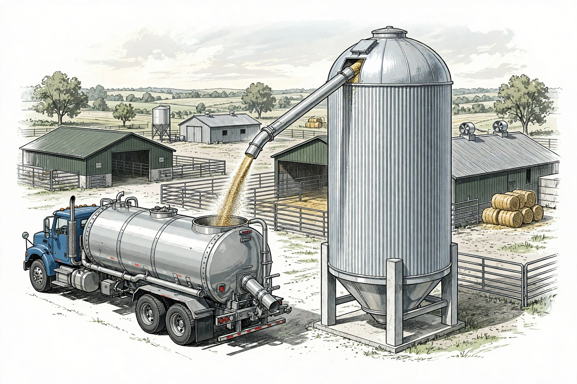 Xe bồn cám đang xả cám vào silo tại trại chăn nuôi
