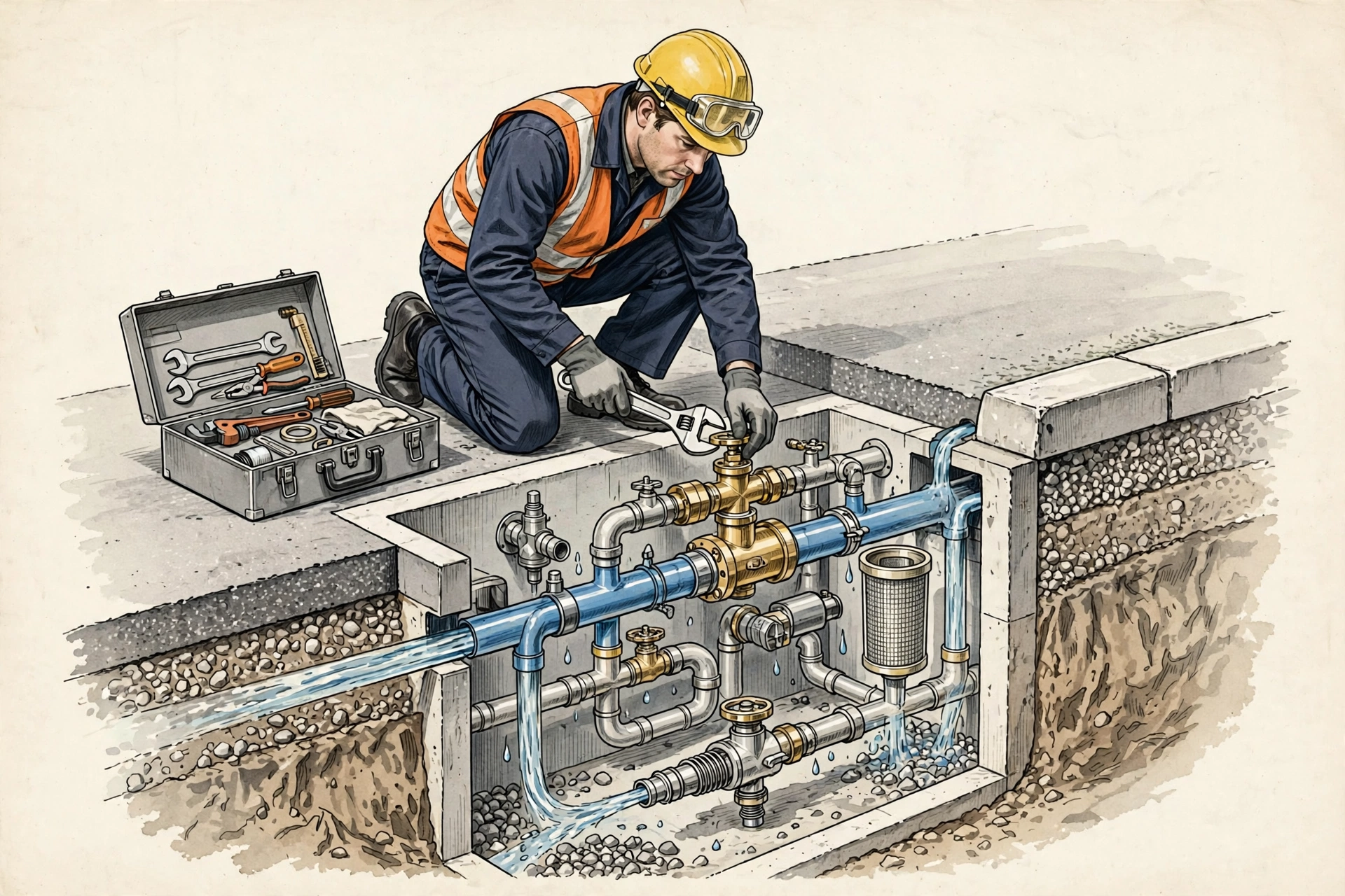 Thợ đang bảo dưỡng hệ thống phun nước rửa đường