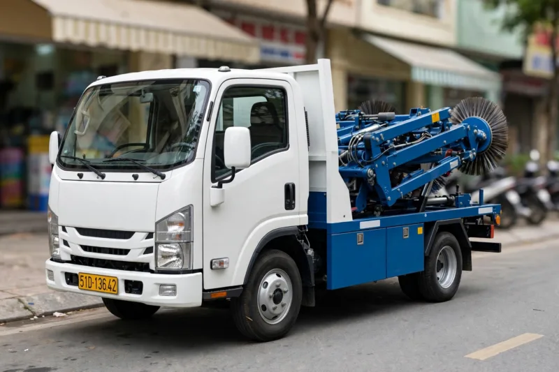 Xe quét đường hút bụi đỗ trên tuyến phố đô thị